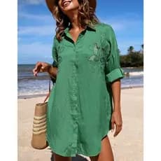 Blusa Feminina Estilosa de algodão puro，Vestido Camisa de Praia , Perfeito para Uso na Praia，Camisa de proteção solar.