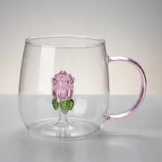 Caneca Vidro 3D Com Rosa Coração 400ml Borossilicato Presente Romântico Luxo Xicara
