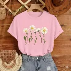 Camiseta Feminina Margaridas Blusa Estampada Estilo Over Camisa 100% algodão