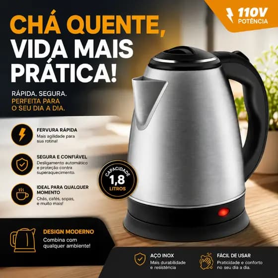 Chaleira Elétrica Inox 1,8L 110V com Desligamento Automático para Chá e Café