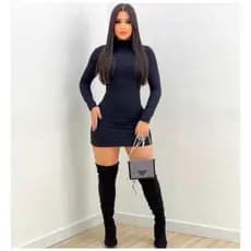 Vestido Manga Longa Gola Alta Canelado