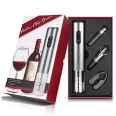 Kit Abridor de Vinho Elétrico Automático Recarregável Prata - 4 Peças com Cortador, Decantador e Bomba a Vácuo