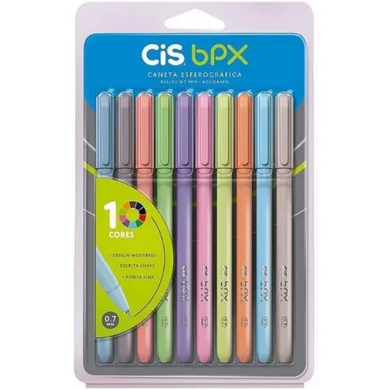 Caneta Esferográfica BPX Cis 0,7mm ponta fina ultra fina 10 cores