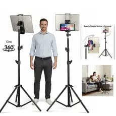 Tripé Celular Profissional 2m Alumínio Para iPhone iPad Tabl Preto Suporte para Celular e Tablet + Cabeça Ball Head 360°