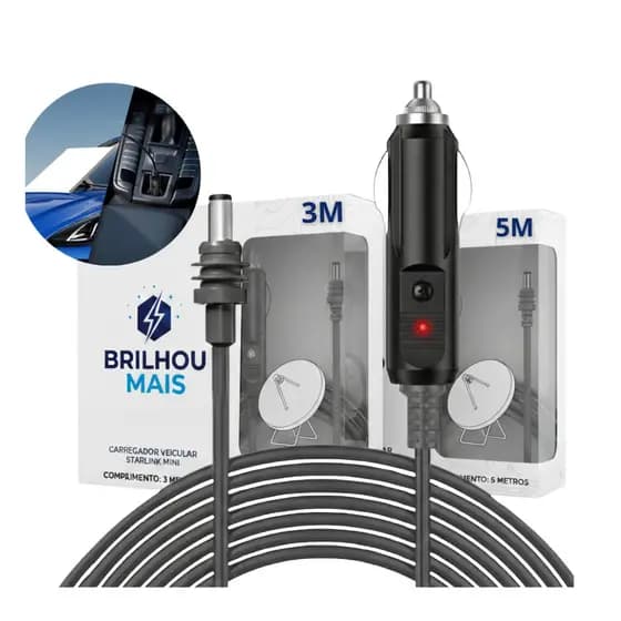 Cabo Carregador Cinzeiro Veicular Para Starlink Mini Opção 3 e 5 Metros 12/24v