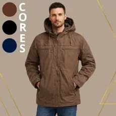 Jaqueta Masculina Sarja Forrada Premium Bolsos Touca Removível Zíper Impermeável Blusa Inverno