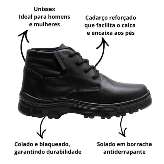 Bota de Segurança em Couro Legitimo Preto de Amarrar Unissex Trabalho EPI Sola Antiderrapante Colada Costurada C.A PVC