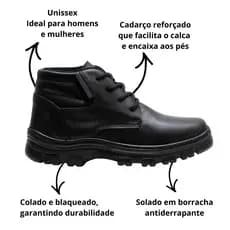Bota de Segurança em Couro Legitimo Preto de Amarrar Unissex Trabalho EPI Sola Antiderrapante Colada Costurada C.A PVC
