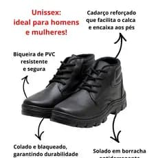 Coturno De Segurança Masculina em Couro Profissional Preta Resistente para Trabalho Bico Reforçado PVC com Cadarço