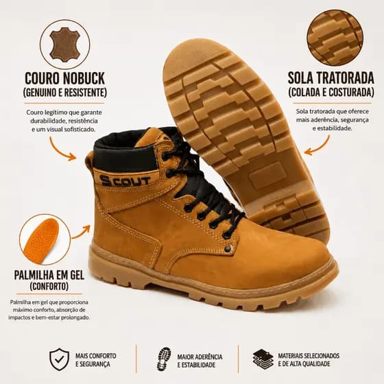 Bota Coturno em Couro Nobuck Solado Tratorada Palmilha Gel Bico Forte PVC