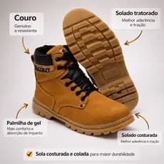 Coturno Bota em Couro Nobuck Palmilha de Gel Solado Tratorado Bico PVC