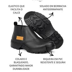 Botina de Segurança em Couro Legítimo com Elástico Calça Fácil Antiderrapante Bico Reforçado