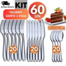 Jogo 60 Peças - Talheres  Inox 20 Garfo 20 Faca 20 Colher de Sobremesa Premium Casa Cozinha Buffet Restaurante Banquete