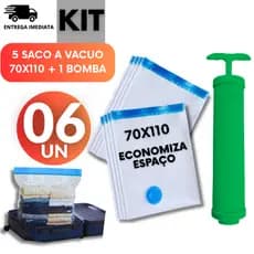 Conjunto 06  5 Sacos a Vácuo 70x110 + 1 Bomba Manual Ideal Para Organizador Guarda Roupa Mala Viagens Edredom Cobertor