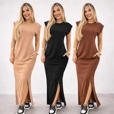 Vestido Feminino longo casual basico RIBANA canelada manga muscle moda gringa com fenda lateral com bolsos