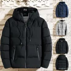 Jaqueta Masculina Acolchoada Bobojaco Casaco Acolchoado Com Capuz E Zíper Corta-Vento De Inverno De Cor Sólida
