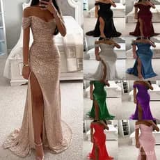 2025 Novo Vestido De Festa Estilo Europeu E Americano Com Lantejoulas , Decote Fenda Sem Ombros , Moda Casual Para Mulhe