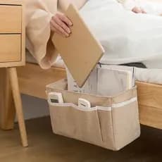 Bolsa de armazenamento de linho para cabeceira, bolsa suspensa para carro, organizador de cama de dupla camada com vário