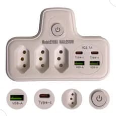 Adaptador De Tomada 7 Em 1 Gostey 3 Tomadas + 4 USB C e A Bivolt 110/220 10a 2500w