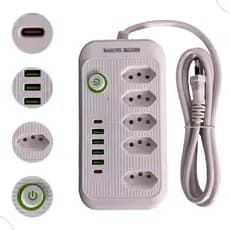Extensão Régua Adaptador com 2 Metros De Cabo Bivolt Gostey com 5 Tomadas + 6 Usb C + A 10a 2500W