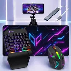 Kit Setup Gamer Completo Teclado Uma Mão Mouse Gamer LED RGB Mousepad 30x90cm Hub Tipo C Tripé Full