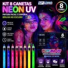8 Canetas Neon UV para Pintura Facial e Corporal Brilha no Escuro Com Luz Negra para Festas DJ Raves e Baladas 1604