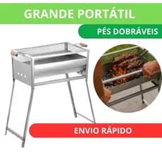 Churrasqueira Grande Portatil a Carvão com Pés Dobráveis espetinhos grelha alça madeira