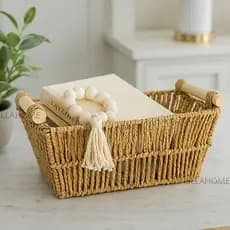 Cesto de Fibra Natural com Alça em Bambu | Organizador Multiuso Decorativo | Tamanhos P e M