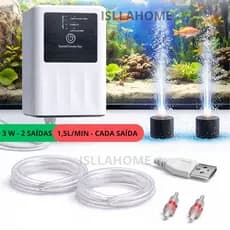 Compressor Nobreak Oxigenador Aquário 3W 2 Saídas de Ar Bateria Recarregável USB
