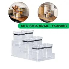 Kit Porta Tempero 6 Potes 180ml Herméticos Empilháveis com Organizador Triplo