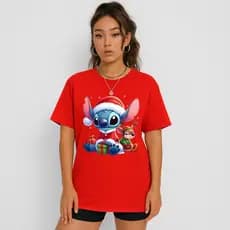 Camiseta Feminina Stitch Natal Lançamento Malha Tecido 100% Algodão Camisa Unissex Manga Curta Gola Redonda