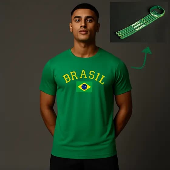 Camiseta Dry Fit Brasil Torcida Unissex + Pulseira Silicone Brasil Copa Do Mundo 2026