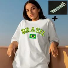 Kit Camiseta Feminina Seleção Brasileira + Pulseira Silicone Copa Do Mundo 2026 Varias Cores Camisa Tecido 100% Algodão