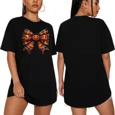 Camiseta Feminina Laço Halloween Lançamento Dias Das Bruxas Tecido 100% Algodão Camisa Unissex Manga Curta Gola Redonda