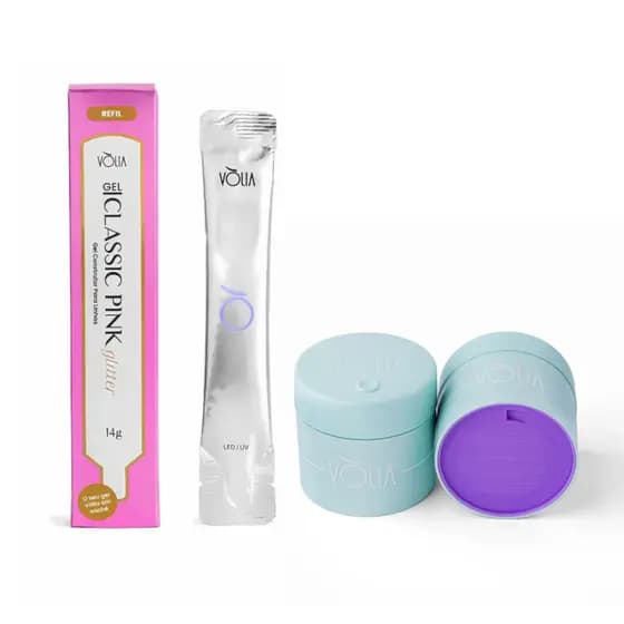 Kit Gel Refil Sachê Vòlia 14g Classic Pink Glitter + Pote Eco Vòlia 30g Verde Água