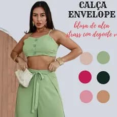 Blusa Feminina Decote V com Alça Strass + Calça Pantalona Tecido Viscolinho  Elegante e Leve