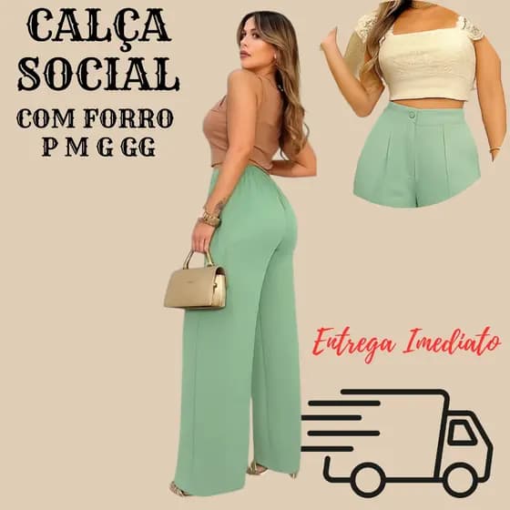 Calça Pantalona Feminina Cintura Alta Calça Modelo Wide Leg com Forro Elegante para Todas Ocasiões