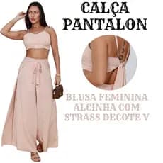 Conjunto Feminino Calça Pantalona + Blusa de Alça com Strass Decote V Tecido viscolinho Elegante