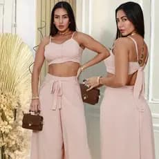 Blusa Feminina Alcinha com Strass Decote V + Calça Pantalona Tecido viscolinho Look Sofisticado