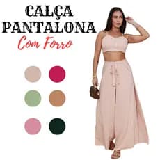 Conjunto Feminino Estiloso Calça Pantalona + Blusa Alça regulável Strass Tecido Viscolinho