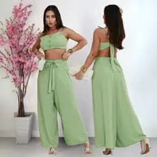 Blusa Feminina com Strass Decote V + Calça Pantalona Viscolinho Look Fashion e Elegante