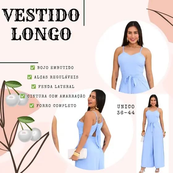 Vestido Longo Duna Confortável com Forro, Bojo e Alças Ajustáveis