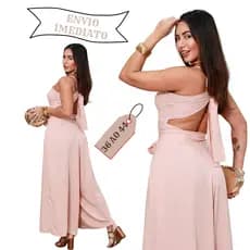 Macacão Feminino Pantalona Longo com Amarração Costas Elegante Forrado Duna