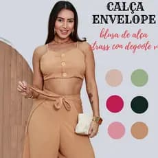 Calça Pantalona Feminina + Blusa de Alça Strass com Decote V Tecido Viscolinho Tendência