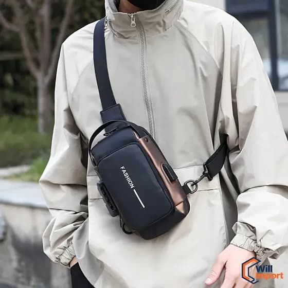 Mochila de Ombro Transversal Compacta Unilateral USB Trava de Código Resistente água