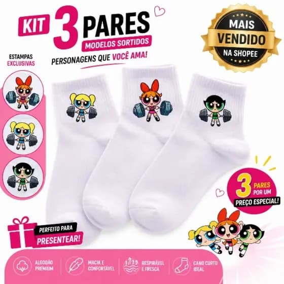 Kit3 Pares Meias Femininas Esportivas Estampadas Super Poderosas Confortáveis Academia Treino