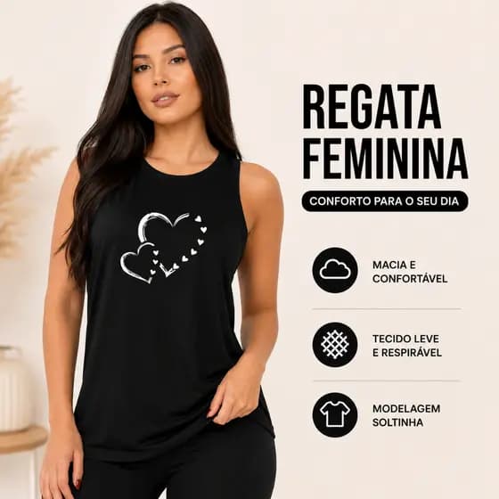 Regata Feminina 100% Algodão Estampada Corações Moda Casual Premium do P ao GG