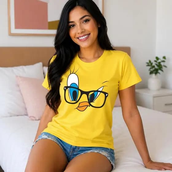 Camiseta Feminina Premium Personagens da Moda na Cor Amarela
