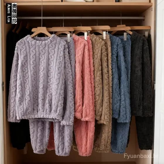 Loungewear transfronteiriço outono inverno Coral velo mais lã engrossado terno calças de manga comprida calças quentes f