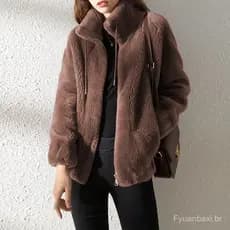 Outono inverno novo estilo dupla face de pelúcia topo feminino gola alta Cardigan cor sólida manga comprida forro de lã